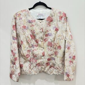 Vintage Talbots Jessica McClintock Floral Lace Jacket 14 Pearl Jacquard Lace 80s